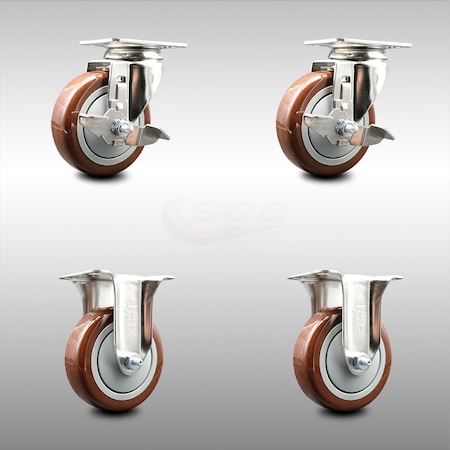 Service Caster 4 Inch 316SS Maroon Polyurethane Swivel Top Plate Caster Brake 2 Rigid SCC, 2PK SCC-SS31620S414-PPUB-MRN-TLB-2-R-2